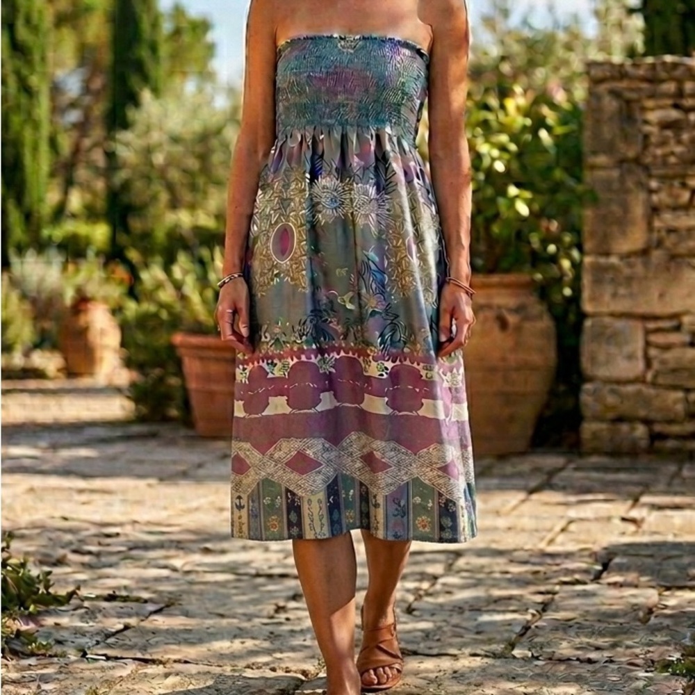 GABRIELLA ROCHA Boho Scarf Print Smocked Strapless Flowy Midi Dress S EUC Soft!